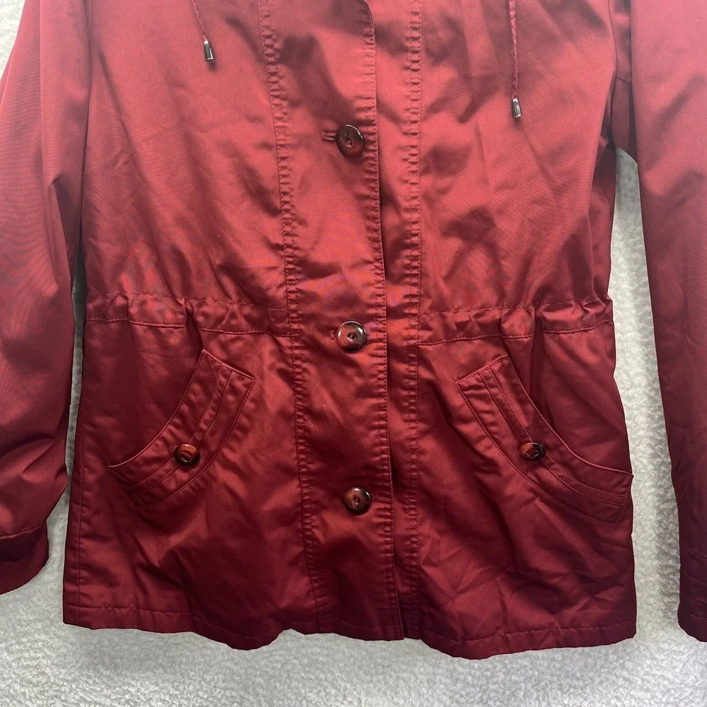 St Johns Bay Jacket Womens Small Red Pockets Full Zip Button Hooded Chore Preppy